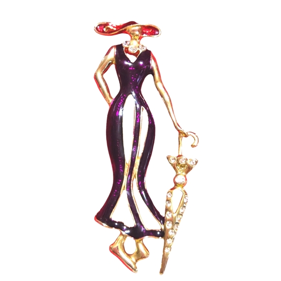 `RH25761 Red Hat Lady With Umbrella Pin - Picture 1 of 4